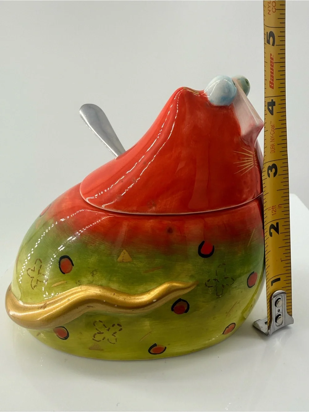 Colorful Red & Green Ceramic Bird Treat Jar